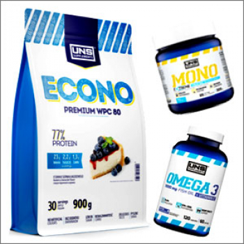 Uns Supplements Econo Premium Wpc80 (900g) + Uns Supplements Omega3 (120 Kapseln) + Uns Supplements Mono (300g)